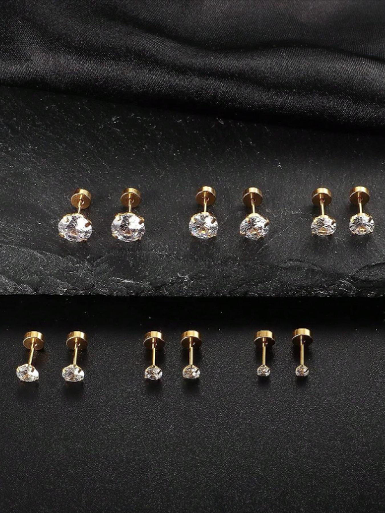 Unisex Rhinestone Decor Stud Earrings, Sparkling Ear Jewelry, 12 Pairs Stainless Steel Cartilage Earrings for Women & Girls, All-match Jewelry As Birthday Gift, Stud Earring Sets, Ear Studs, Earring Pack