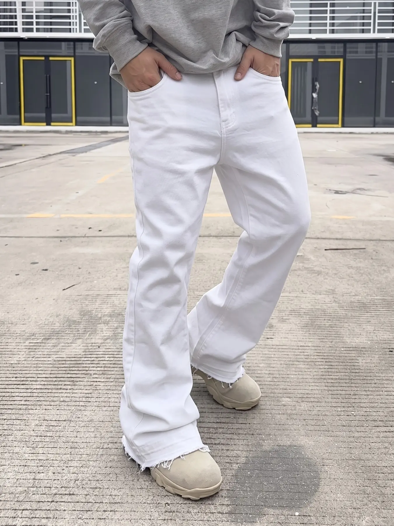 Y2K American Snow Washed Men's Micro Flare Jeans, Vintage Gradient Frayed Hem, Elastic Slim Fit, All Season, Multiple Colors Available