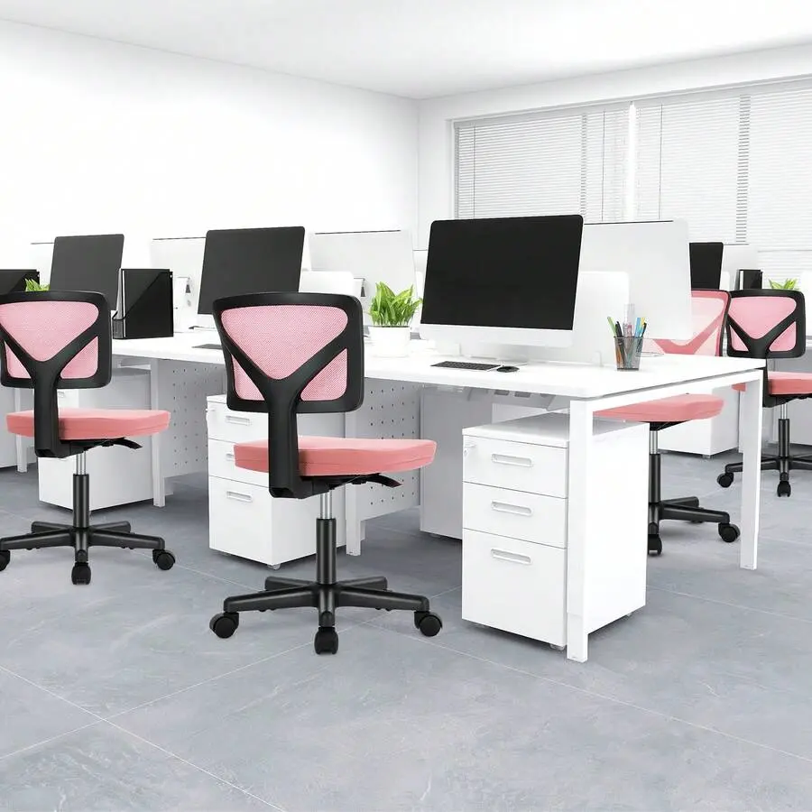 Desk Chair, Armless Office Chair Computer Chair Small Mesh Desk Chair With Wheels Mid Back Home Office Chair For Small Spaces Height Adjustable Swivel Task Chair No Arms,Pink