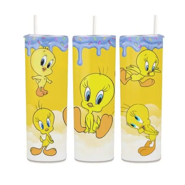 【Back To School】Warner Bros.Tweety Bird Looney Tunes Ice Cream Drip Sprinkles 20oz Skinny Tumbler with Straw, Yellow Cloud Background Cartoon All Wrap Print Travel Mug, Vintage Classic Cartoon Fan Reusable Water Cup, Cute Nostalgic Novelty Holiday Gift