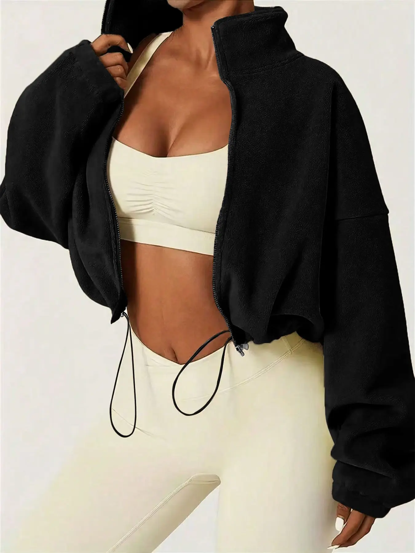 Women's Short Polar Fleece Zipper Sweatshirt, Casual Loose Fit Stand Collar Outerwear Coats, Fall & Winter Fashion Top for Ladies
