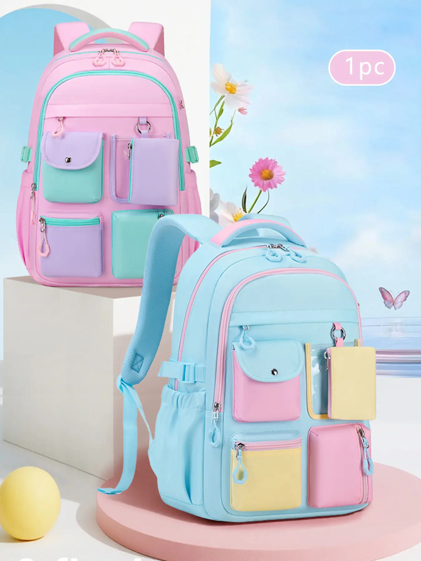 1Pc Pastel Color Block Spliced Backpack Multi Front Patch Pockets Mesh Padded Shoulder Straps Multi-layer Zip Compartments Side Mesh Bottle Slots for Campus Study Weekend Trips Daily Casual Outings