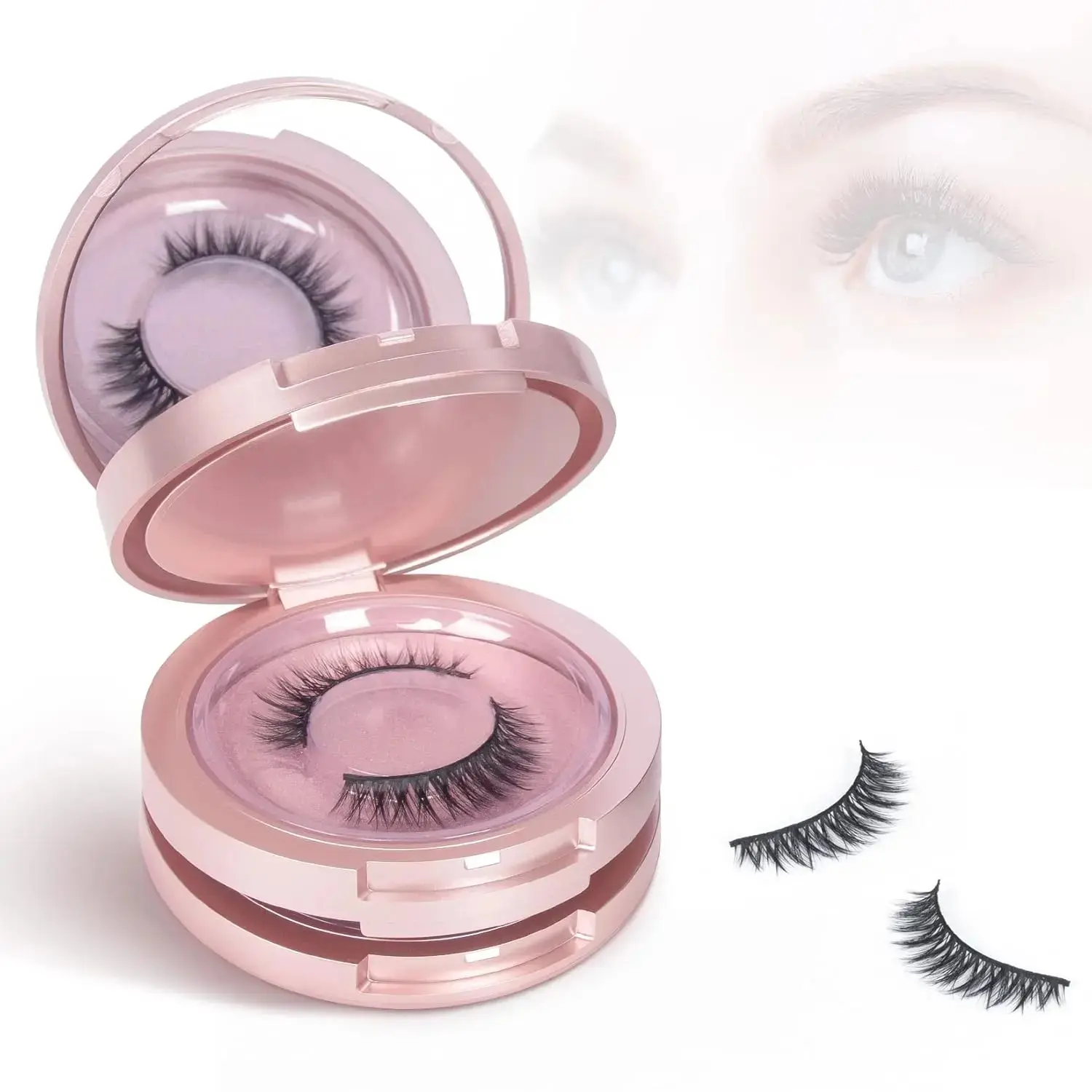 3 Layers Circle Eyelash Box with Mirror, Empty Eyelash Storage Case Organizers Travel Lash Case with Lash Holder (Rose )