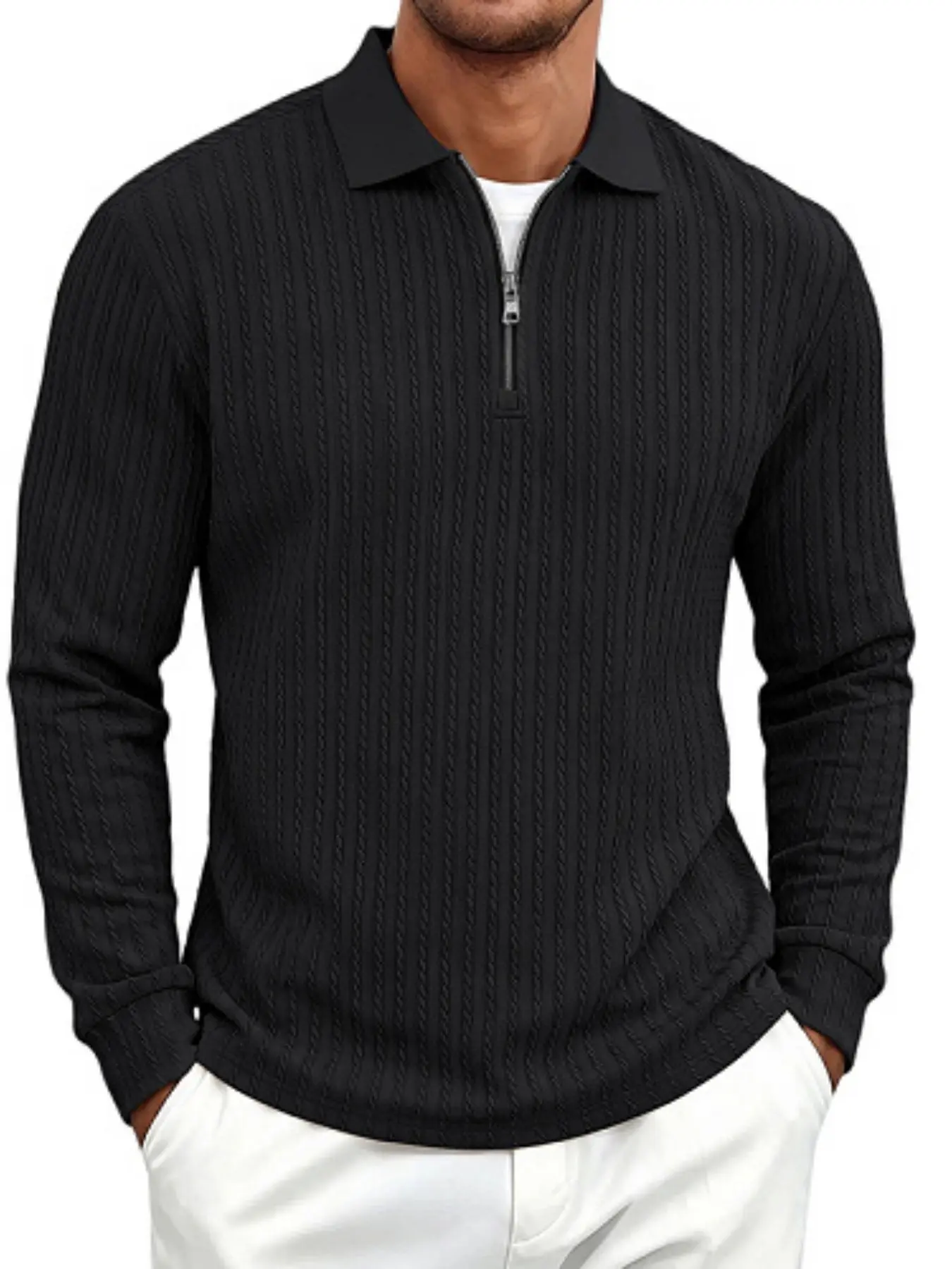 Men's Half-Zip Polo Knitwear, Fall Textured Lapel Long Sleeve Top, Casual Versatile Commute Business Pullover Sweater Hoodie