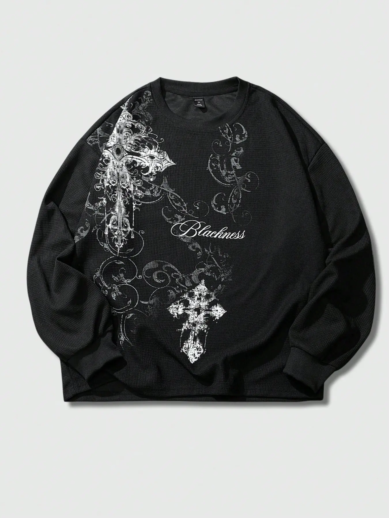 Vintage Gothic Cross Aesthetic Graphic Print Waffle Long Sleeve Sweatshirt, Bold Lettering Blackness Print, Millennial Dark Punk Baggy Loose Unisex Casual Streetwear, Daily Wear