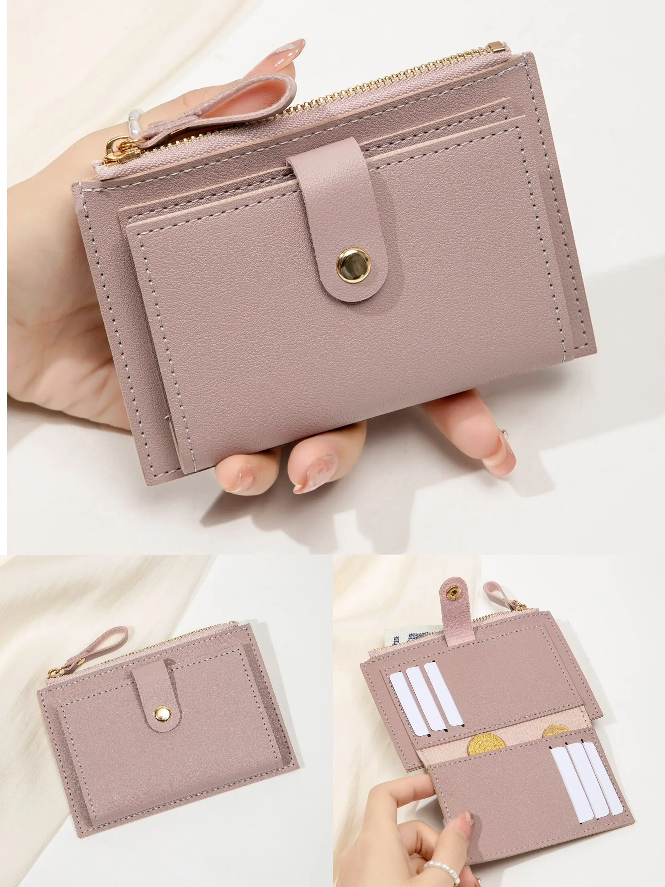 Women Short Bifold Wallet, PU Leather Snap Button Card Holder with Zipper Coin Pocket, Multi Card Slots Compact Mini Purse, Solid Color & Vintage Printed Ladies Small Wallet for Daily Travel