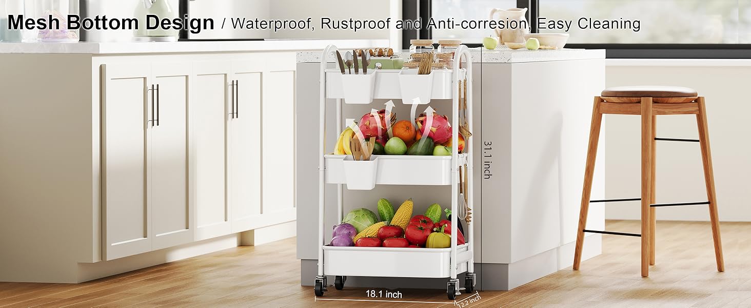 3 Tier Rolling Cart Metal with Wheels, Heavy Duty White Three Tiered Craft Cart Organizer on Wheels, Utility Roller Storage Carts for Art, Baby Nursery, Diaper Caddy, Snack,Book,Nail,Cleaning Supplies