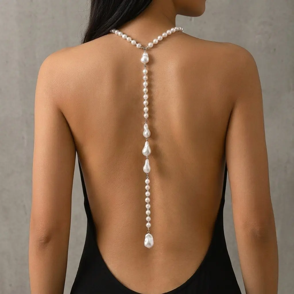 French Pearl Back Necklace Bridal Jewelry, Rhinestone Back Drop Chain for Open Back Wedding Dress, Elegant Halter Dress Accessories, Luxury Bridal Body Jewelry for Bride, Reception, Prom, Formal Party, Photoshoot Gift