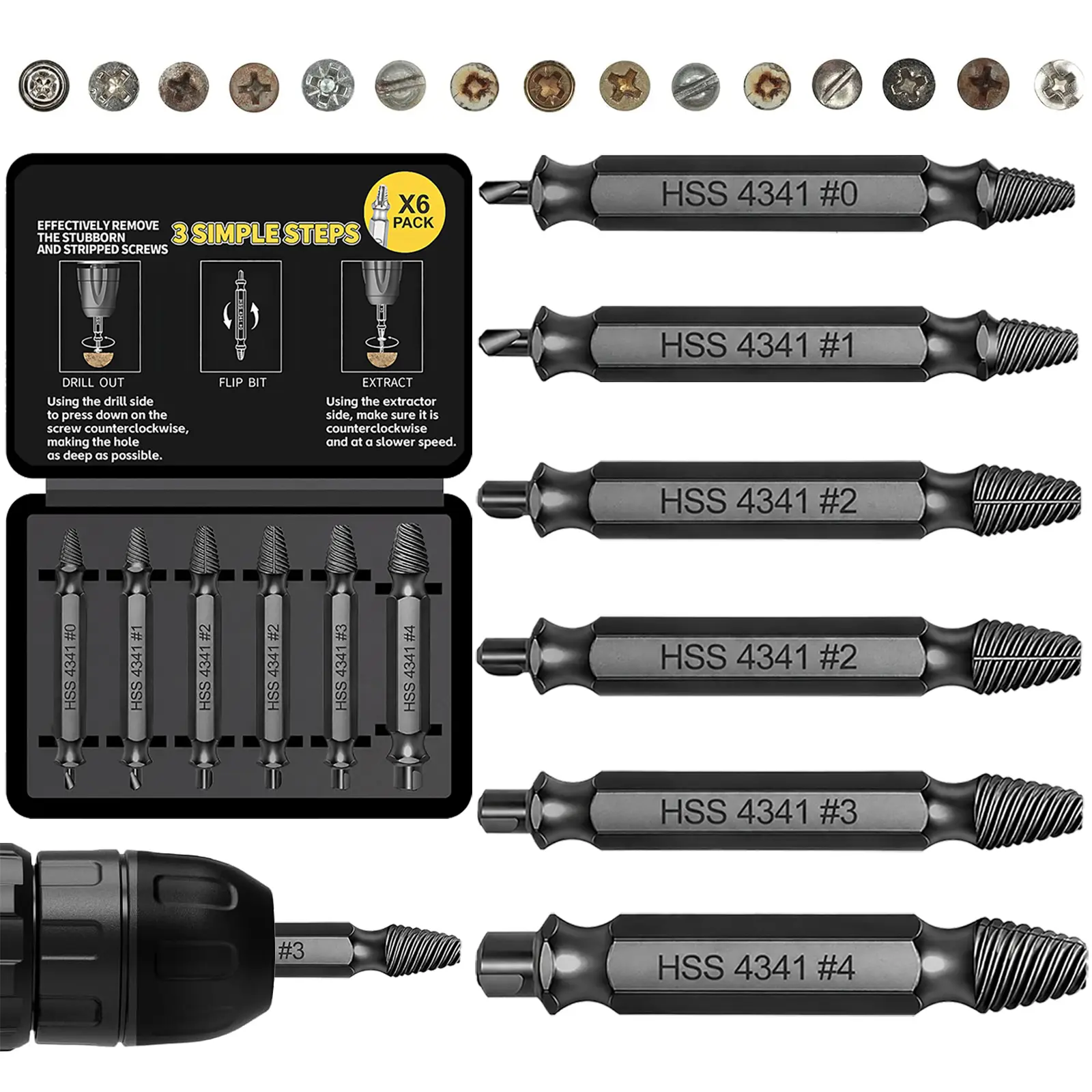 6-Piece Screw Extractor Set for Stripped and Broken Screws, Spiral Screw Remover Tool, Christmas Stocking Stuffer for Adults Men Him