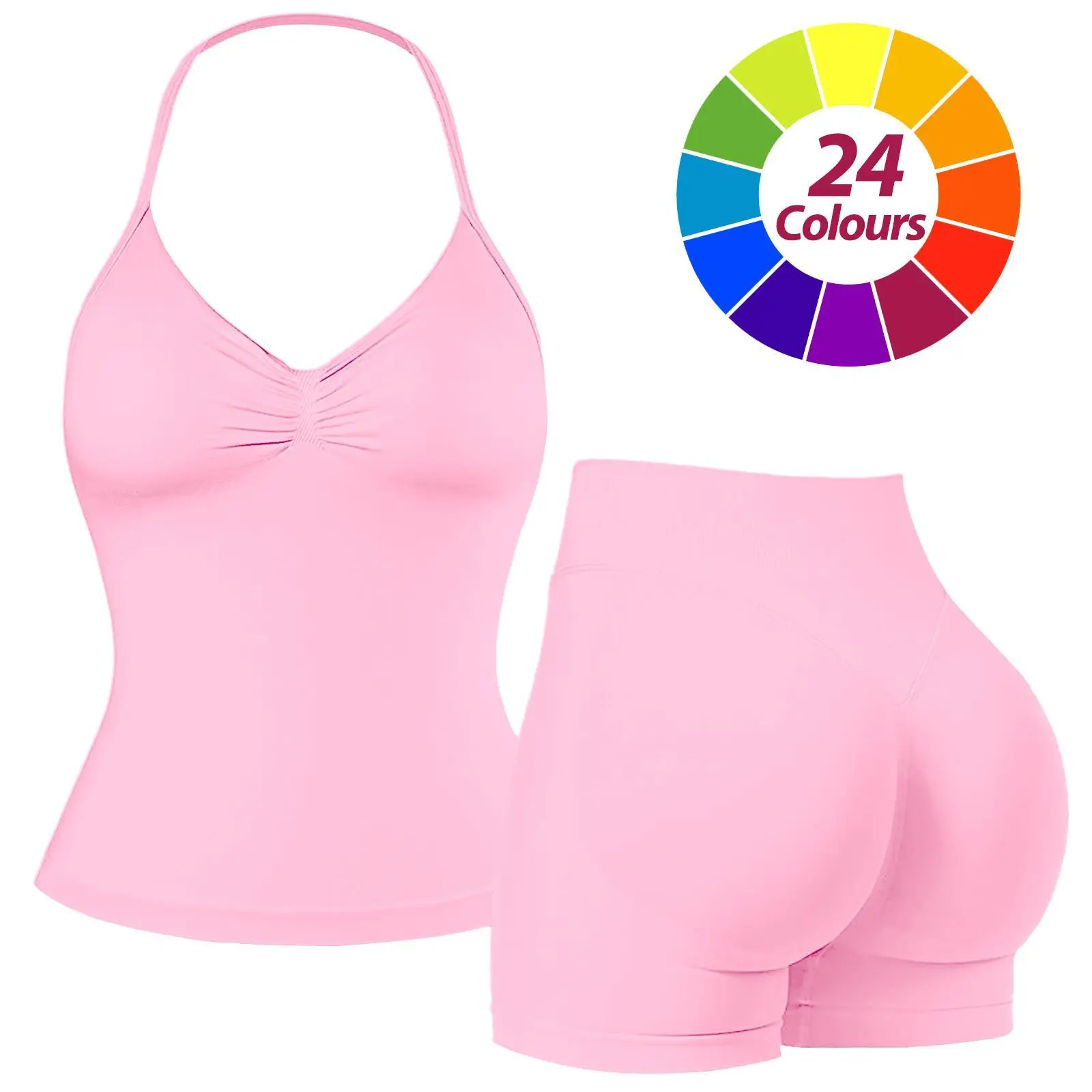 RICH BRIA Women's Seamless Halter Tank Top with High Waist Shorts Set for Yoga and Fitness, Breathable & Comfortable Activewear Summer Two-Piece Set
