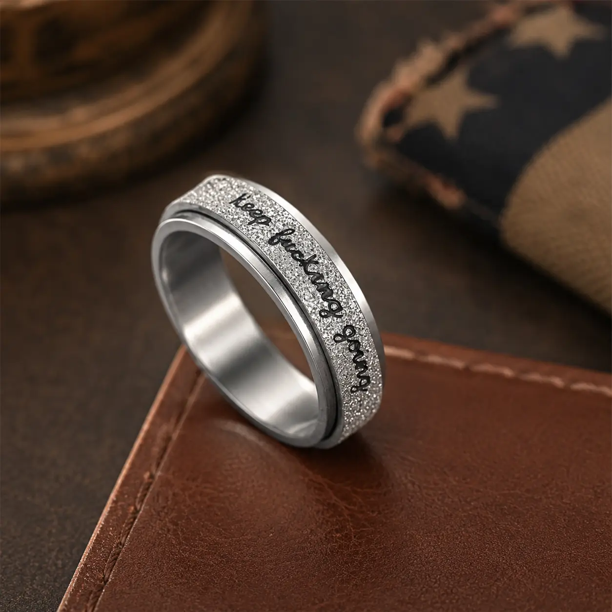 Stainless Steel Rotating Fidget Spinner Ring with "Keep Going" Engraving, Inspirational Band Jewelry Gift for Women and Men