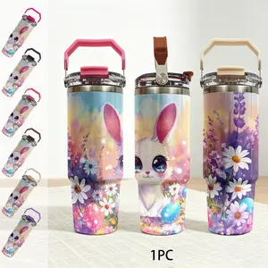 30oz Easter Bunny Insulated Mug with Handle Straw Lid, 304 Stainless Steel Vacuum Travel Cup, Gift for Women, Christmas Halloween Mother's Day Graduation Back-To-School