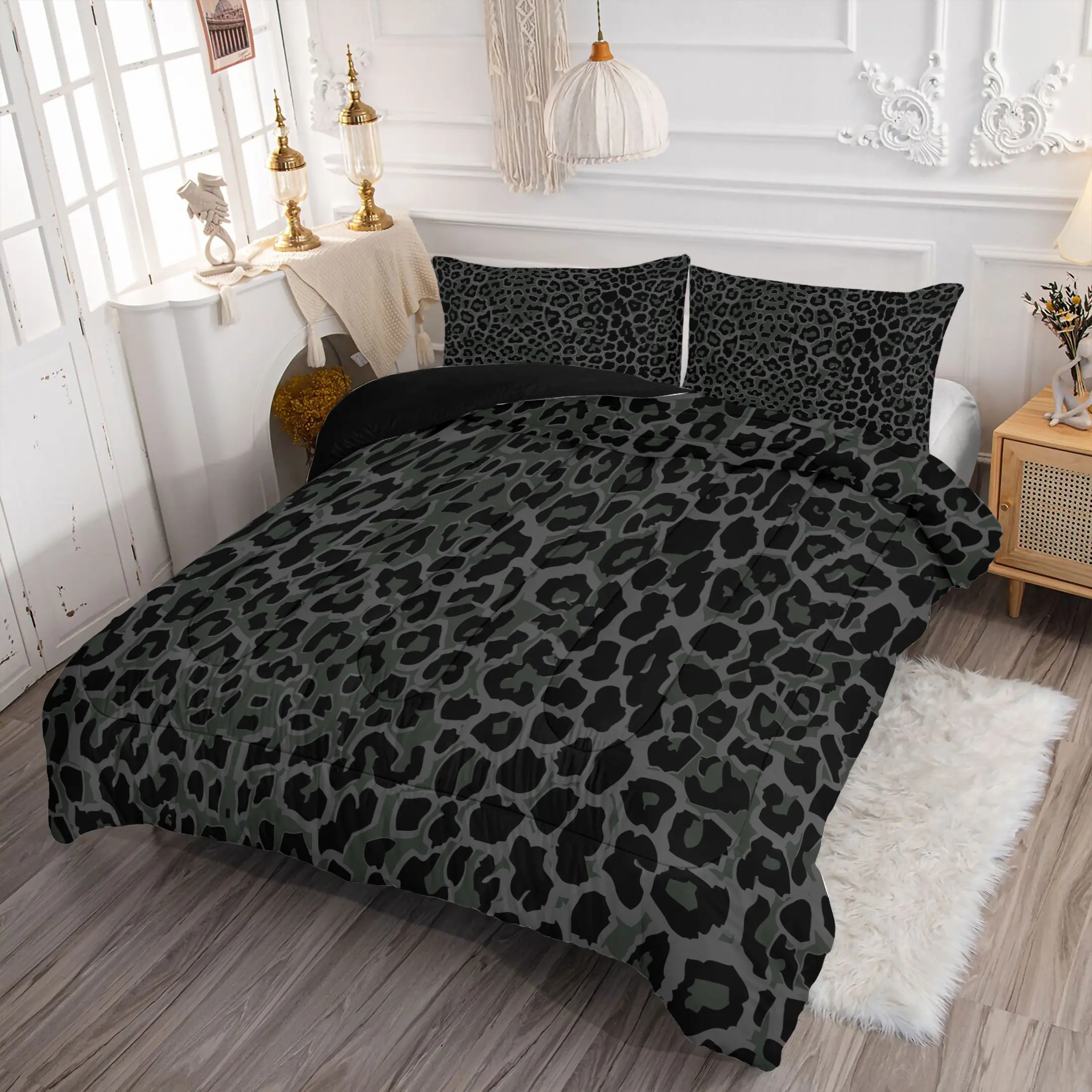 2/3Pcs Grey‑Black Leopard Bedding Set, Fashion Animal Print Comforter Set, Soft Microfiber 1 Quilt & 1/2 Pillowcase, Cool Aesthetic Room Decor for Youth Adults Teens, No Pillow Insert