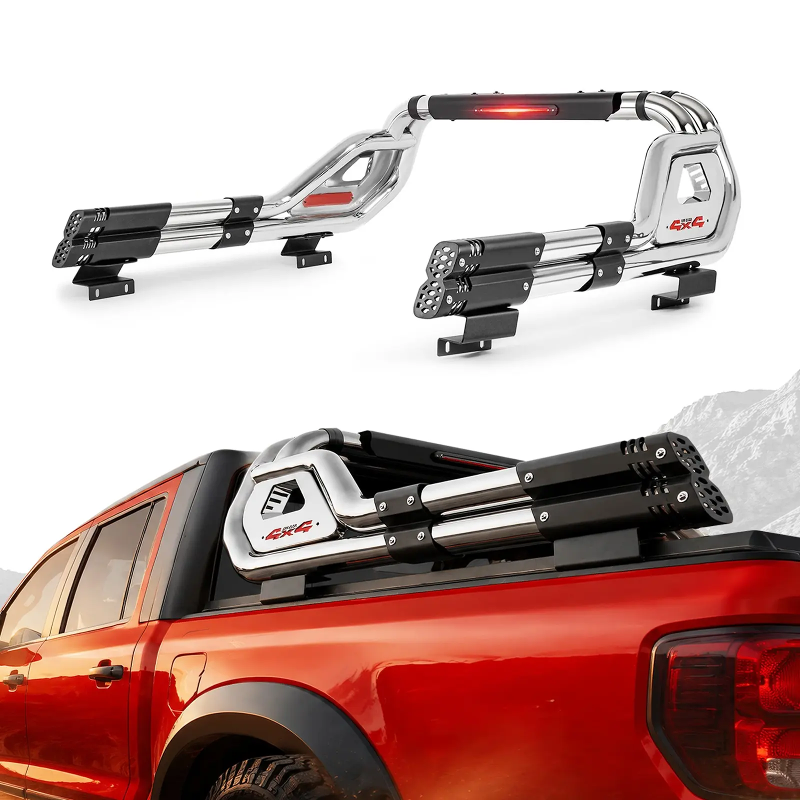56-65" Adjustable Chrome Truck Sport Roll Bar Chase Rack w/ LED Fits Ram Tacoma
