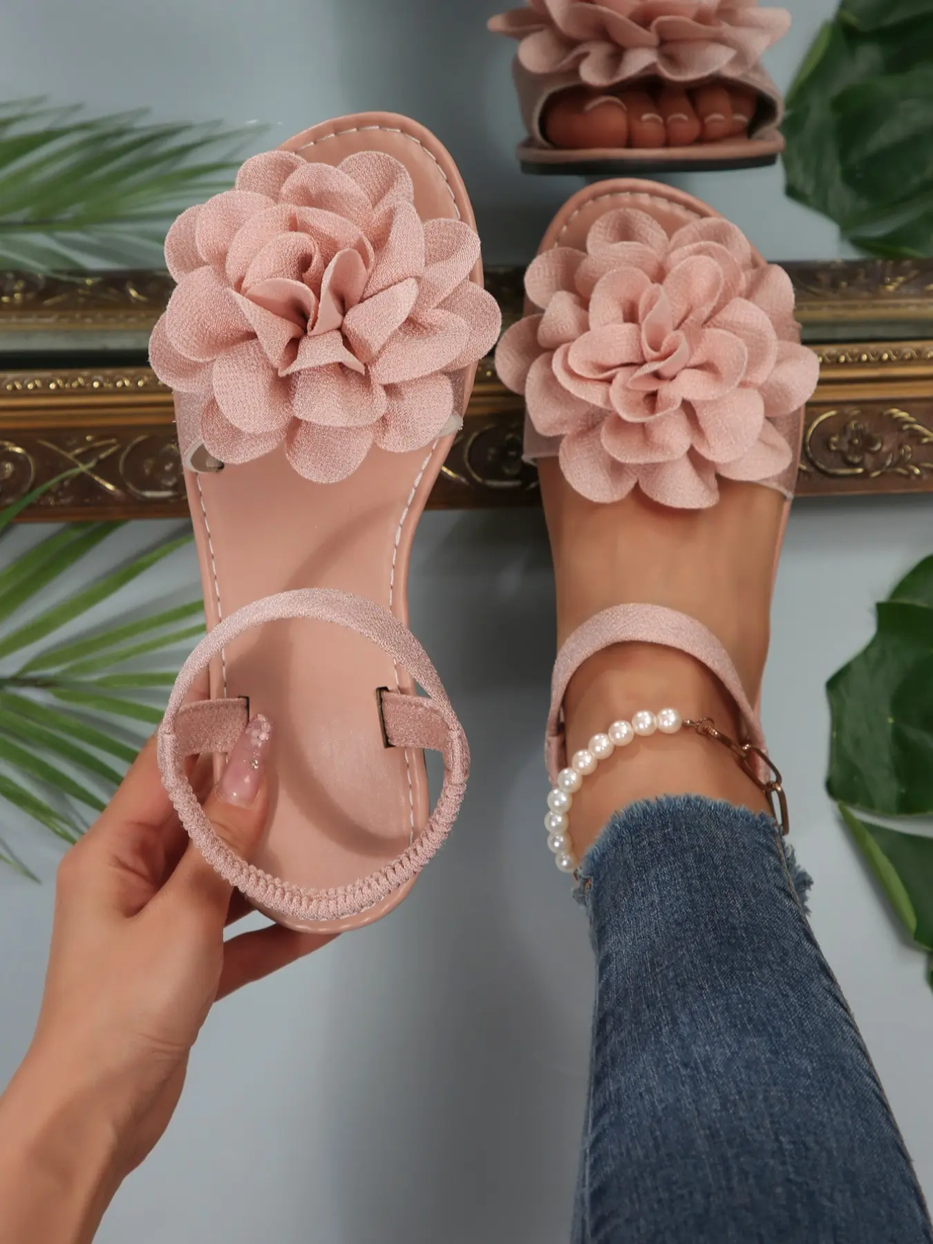 Women's 3D Flower Flat Sandals, Flower Print Sandals, Elastic Strap Open-Toe Bohemian Beach Shoes, Floral Pattern Slides, Comfortable Casual Footwear for Summer