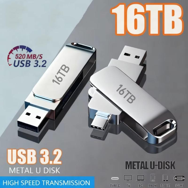 16TB Flash Drive USB 3.2 High Speed Metal U Disk Type-C Memory Stick Waterproof Storage PC Phone Data Transfer New 2026 16TB Flash Drive USB 3.2 High Speed Metal U Disk Type-C Memory Stick Waterproof Storage PC Phone Data Transfer New 2026