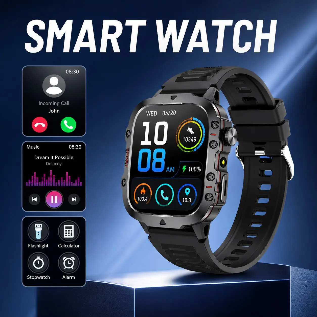 Unisex Full-Touch Smart Watch, Integrated Flashlight, Call Alerts, Multiple Sports Modes, Music Playback, Ideal Daily Gift