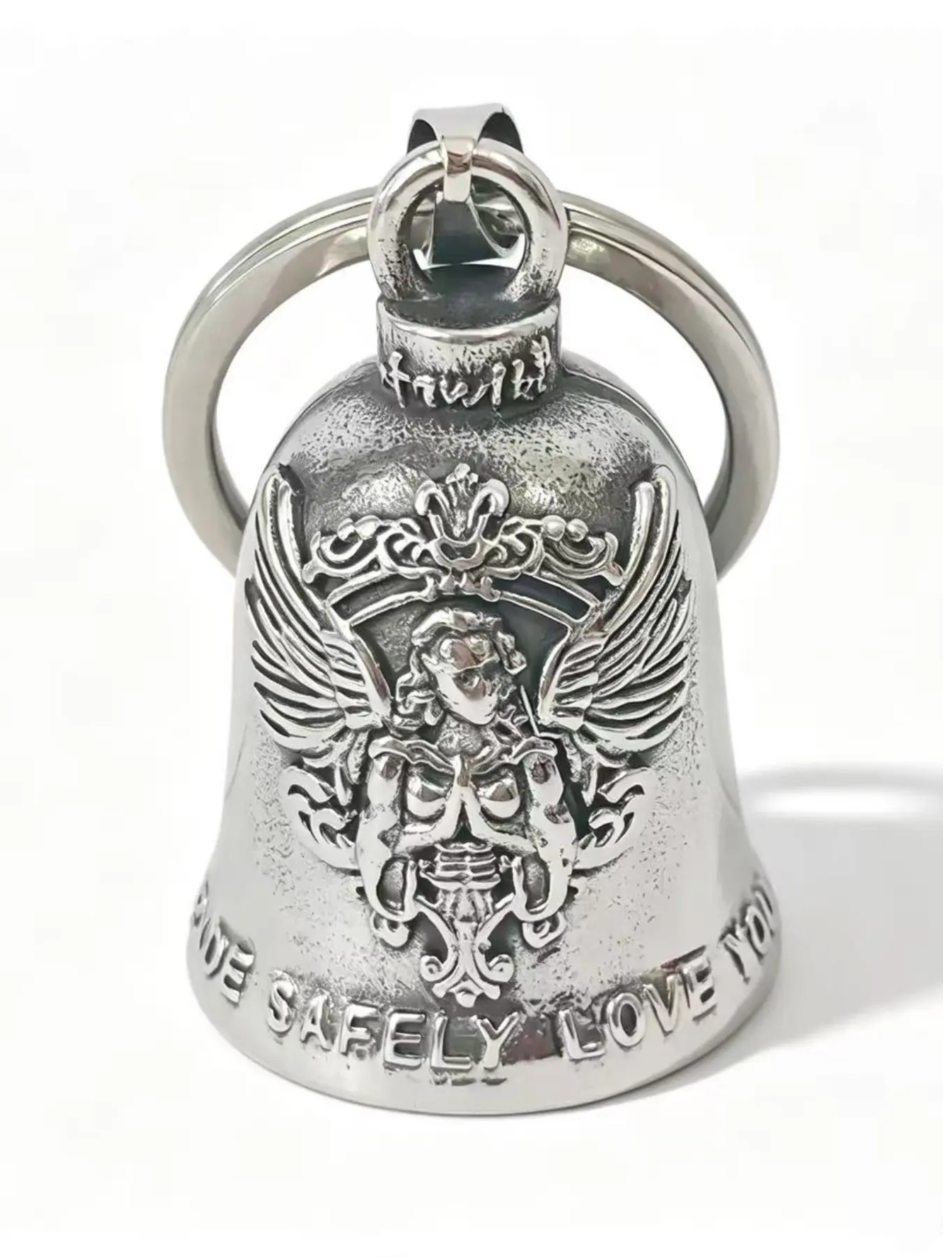 Angel Mother Motorcycle Guardian Bell, Retro Punk Keychain, Lucky Charm for Motorbike Riders, Gift for Bikers, Vintage Silver Color