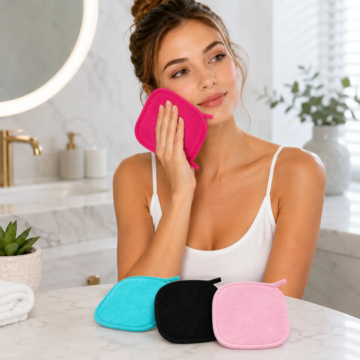 4-Pack Reusable Microfiber Face Cleansing Pads, 6.3 x 6.3 Inch Dual-Sided Makeup Remover Washcloths with Hanging Loops, Soft Washable Facial Cloths for Skincare, Home & Travel