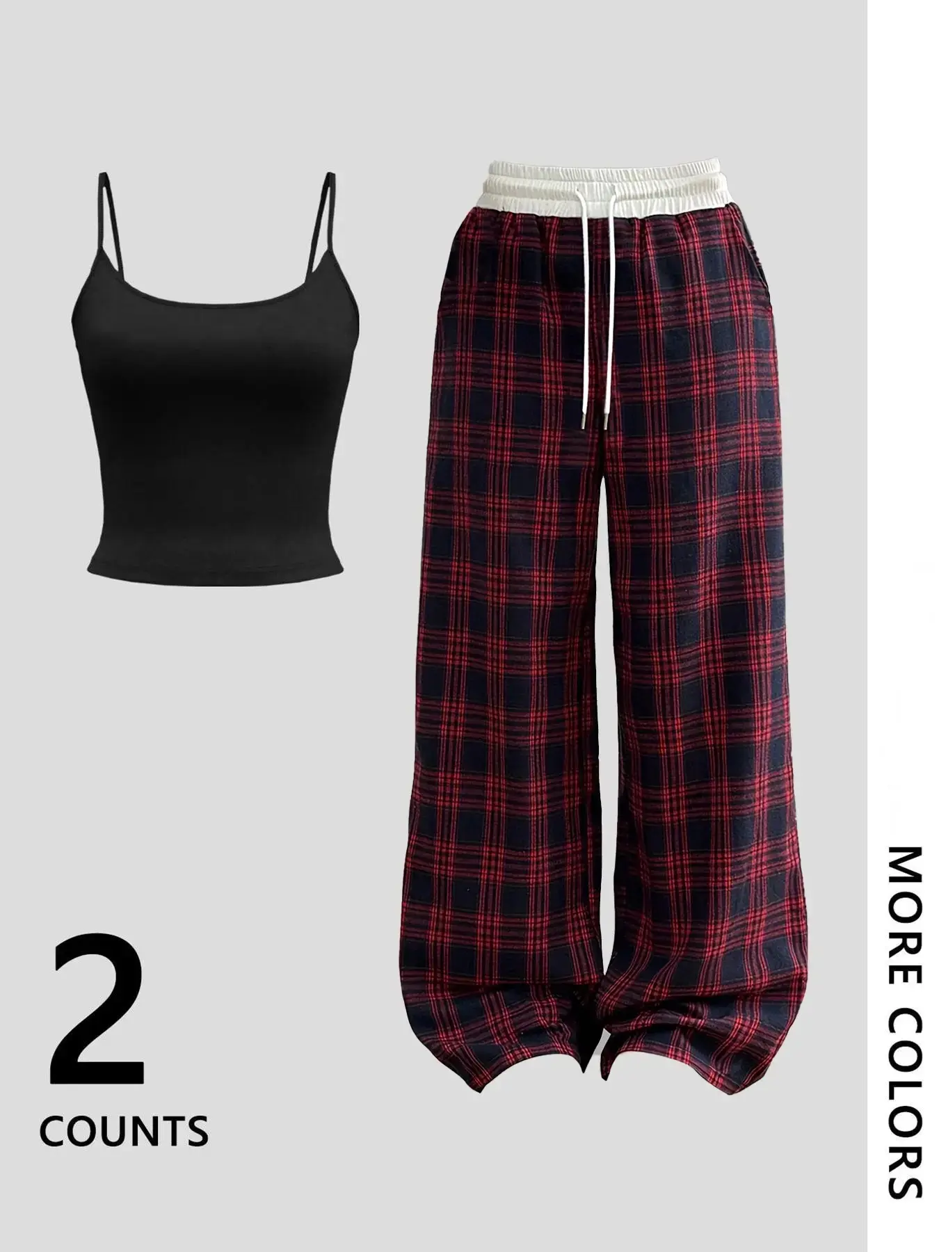 American Retro Plaid Drawstring Cargo Pants Set, Slim Fit Short Sleeve Top, Casual Loose Two-Piece, Comfortable and Stylish