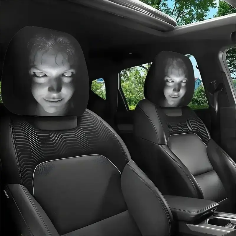 2-Piece Universal Car Headrest Cover Set - Smooth Fabric, Washable, Durable Protective Accessory for Racing & Outdoor Travel, Quick Install, Removable Portrait Print, Fits Most Cars