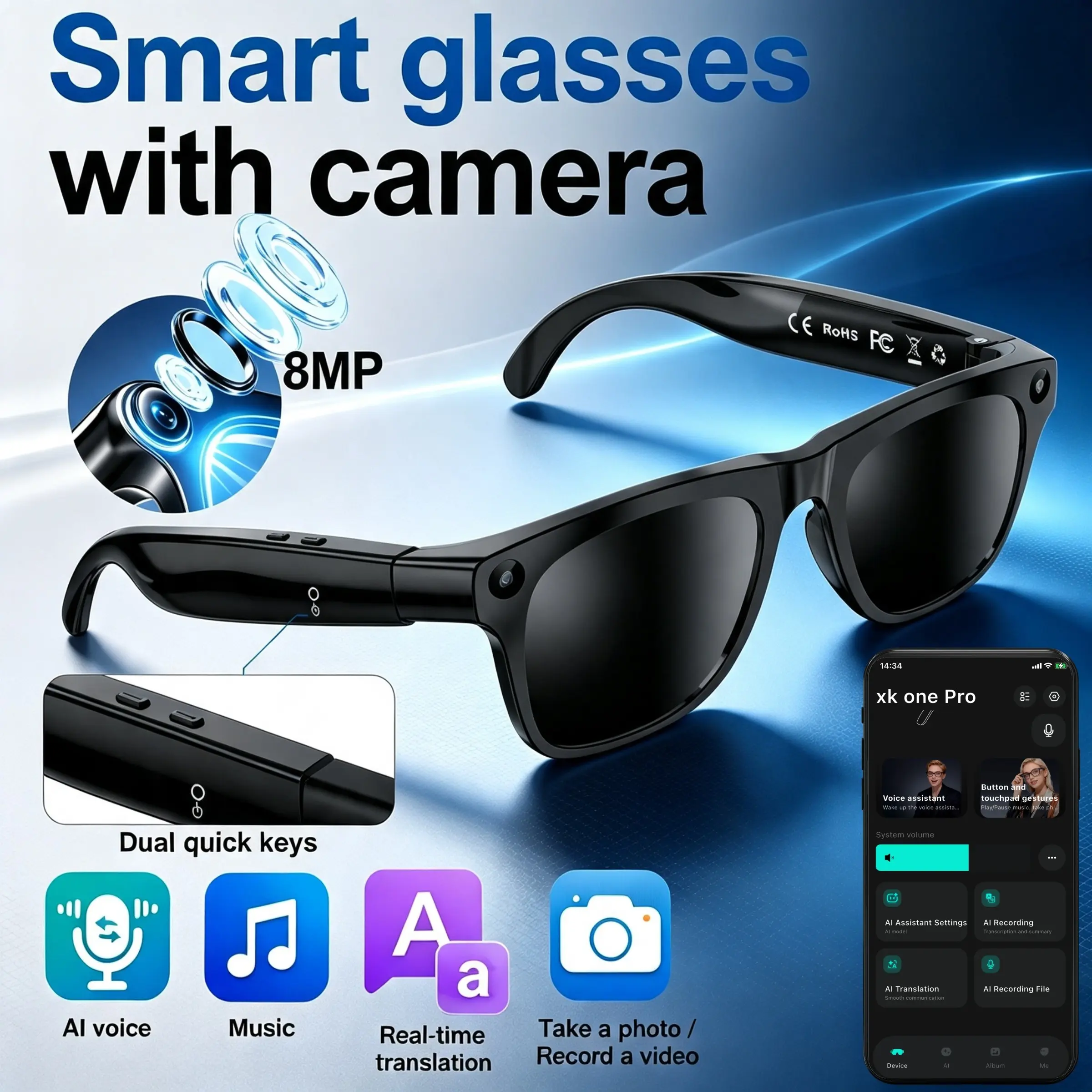 New intelligent audio glasses, 8MP camera for capturing videos and photos, listening to music, listening to phone calls, sunglasses, video glasses, language translation, recording, unisex, outdoor sports, fashionable matching, ideal gift.