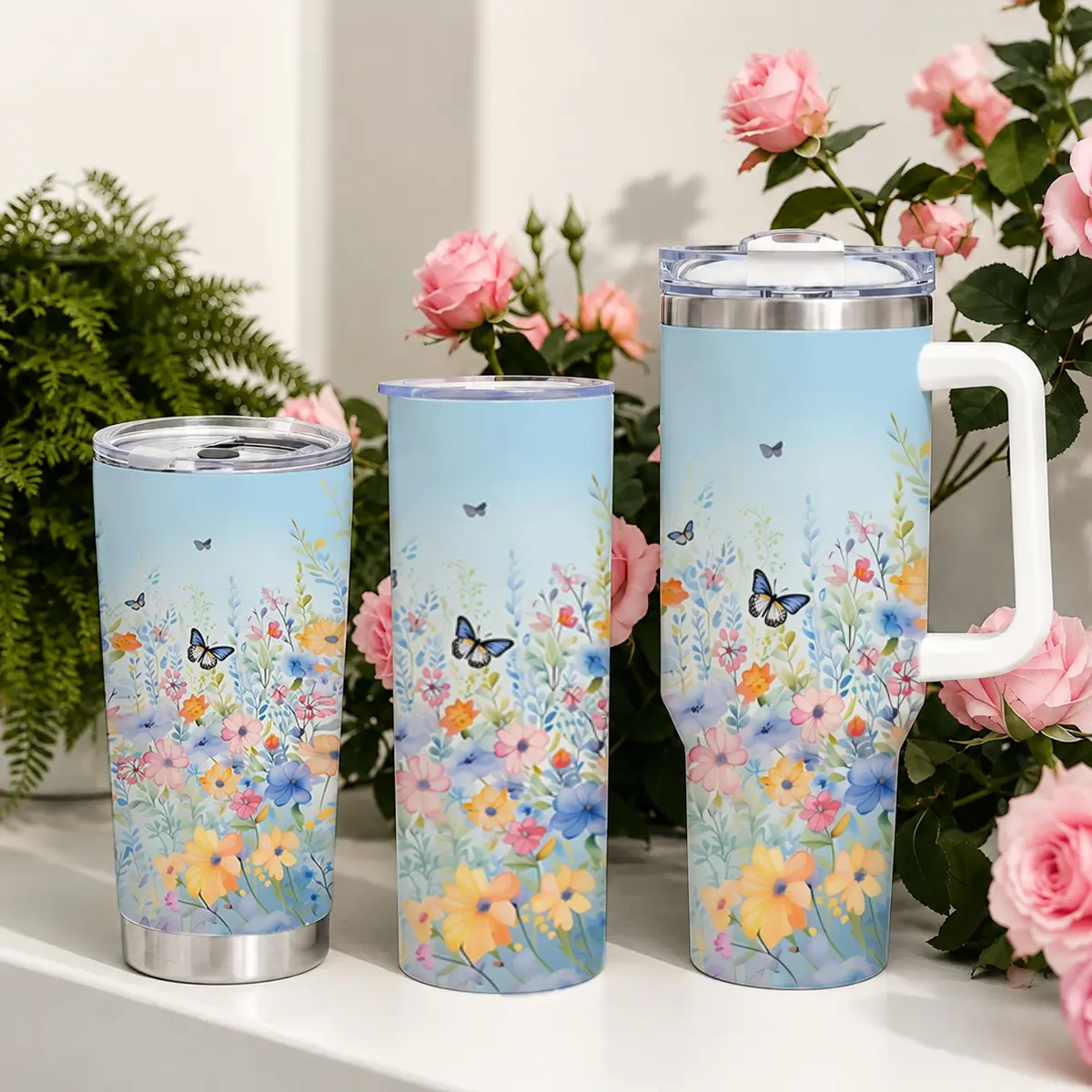Cute Floral Butterfly 40oz Tumbler with Handle, Aesthetic Flower Travel Cup, Insulated Coffee Mug with Straw Lid, Trendy Gift for Women Girls, Work School & Road Trips flask vacuum traveler big capacity