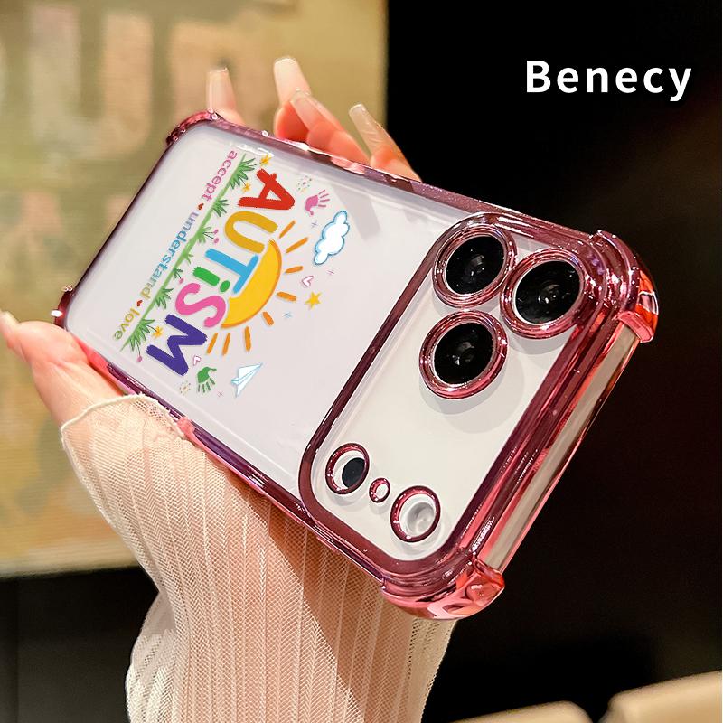 Autism Love & Understanding Pattern Phone Case for iPhone 17 Pro Max 16 15 Plus Air 14 13 12 11 E Electroplated Four-Corner Anti-Fall Protection Cellphone Cover