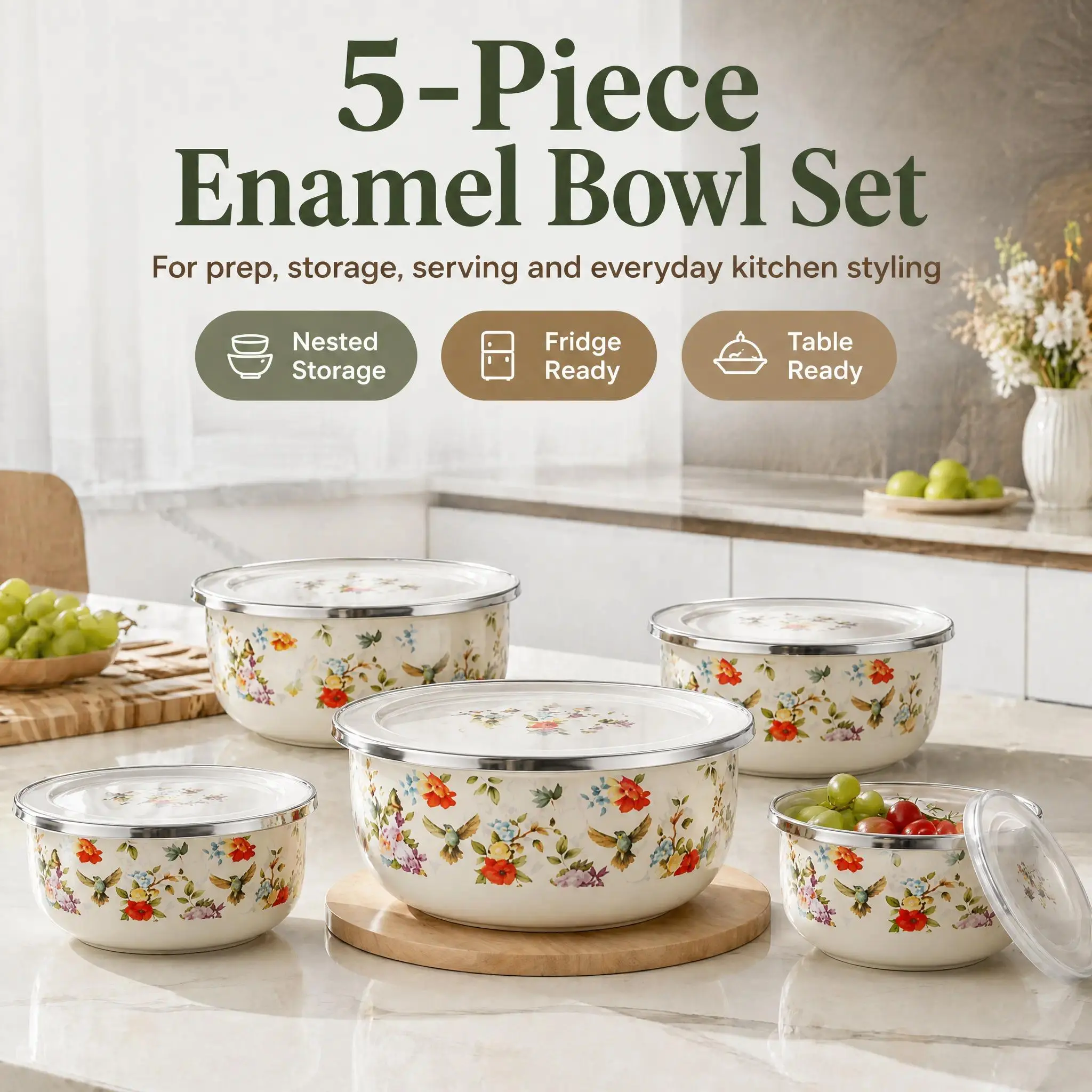Kitchen 5-Piece Lightweight Reusable Enamel Food Storage Set - Round Airtight Serving Bowls with Lids, Meal Prep Containers for Noodles, Soups, Refrigerator-Safe Food Savers summervibes️
