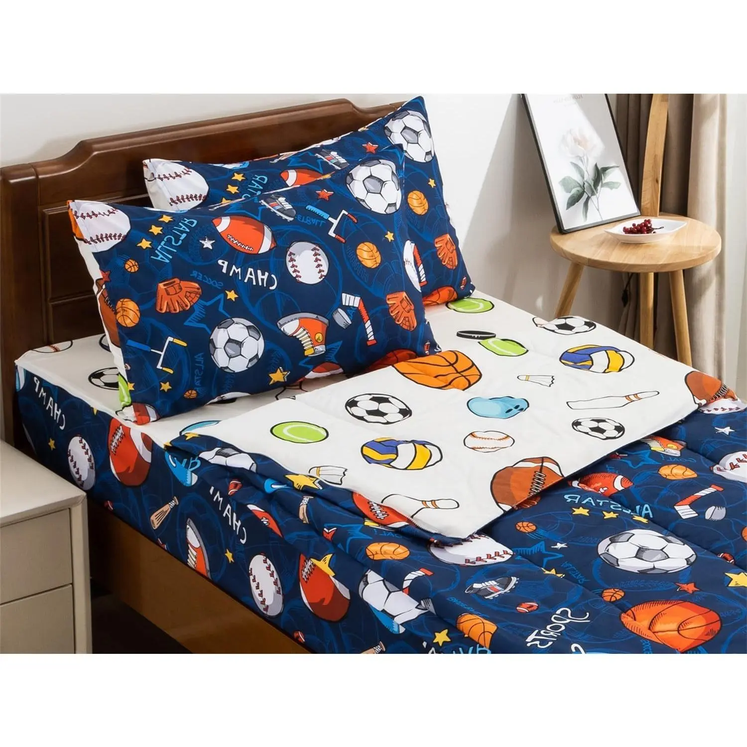 NTBED Sport Basketball Printed Zipper Bedding Sets Twin Lightweight Microfiber Football Comforter Set with Fitted Sheet Pillow Covers,Blue