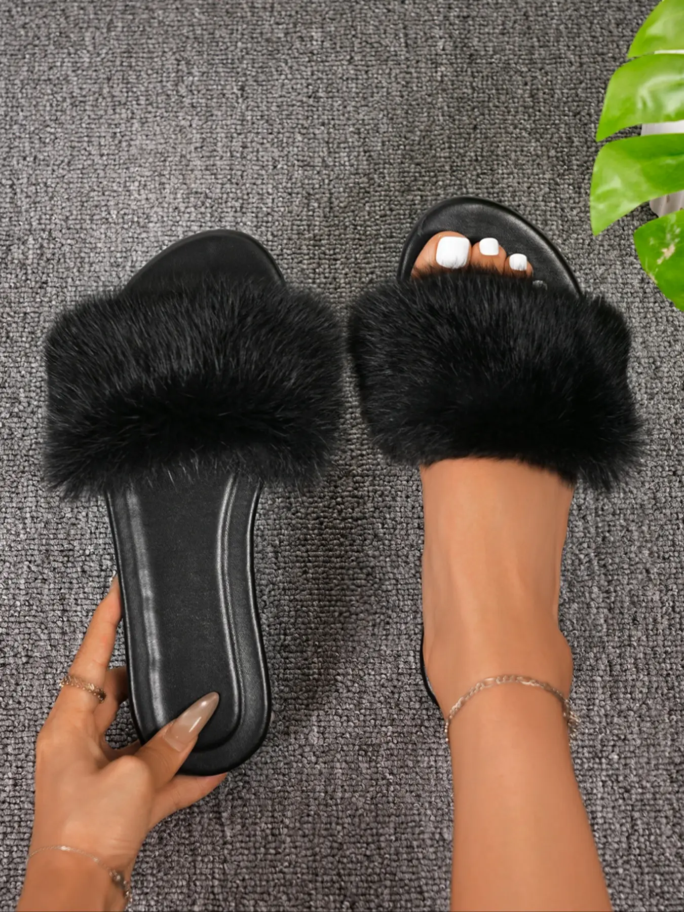Women's Single Band Fluffy Faux Fur Flat Slide Sandals, Open Toe Slip On Soft Sole Mules, Lightweight Cushioned Insole Footwear, Anti-Slip Indoor Outdoor Daily Slippers, Lounge Street Fashion Versatile Plush Slides