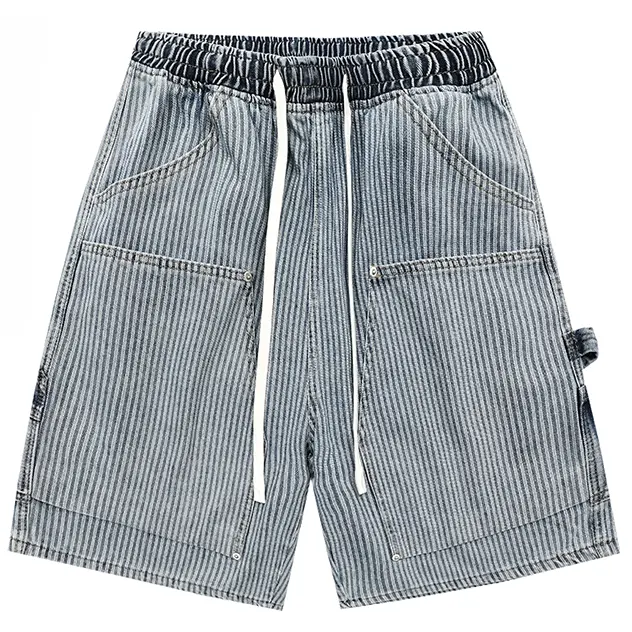 Vintage Workwear Vertical Striped Denim Knee Shorts Double Stitched Patch Pockets Side Utility Straps Lightweight Washed Denim Fabric Unisex Casual Denim Bermuda Pants # men's shorts summer # jean shorts men # SummerWins # fathersdaygift