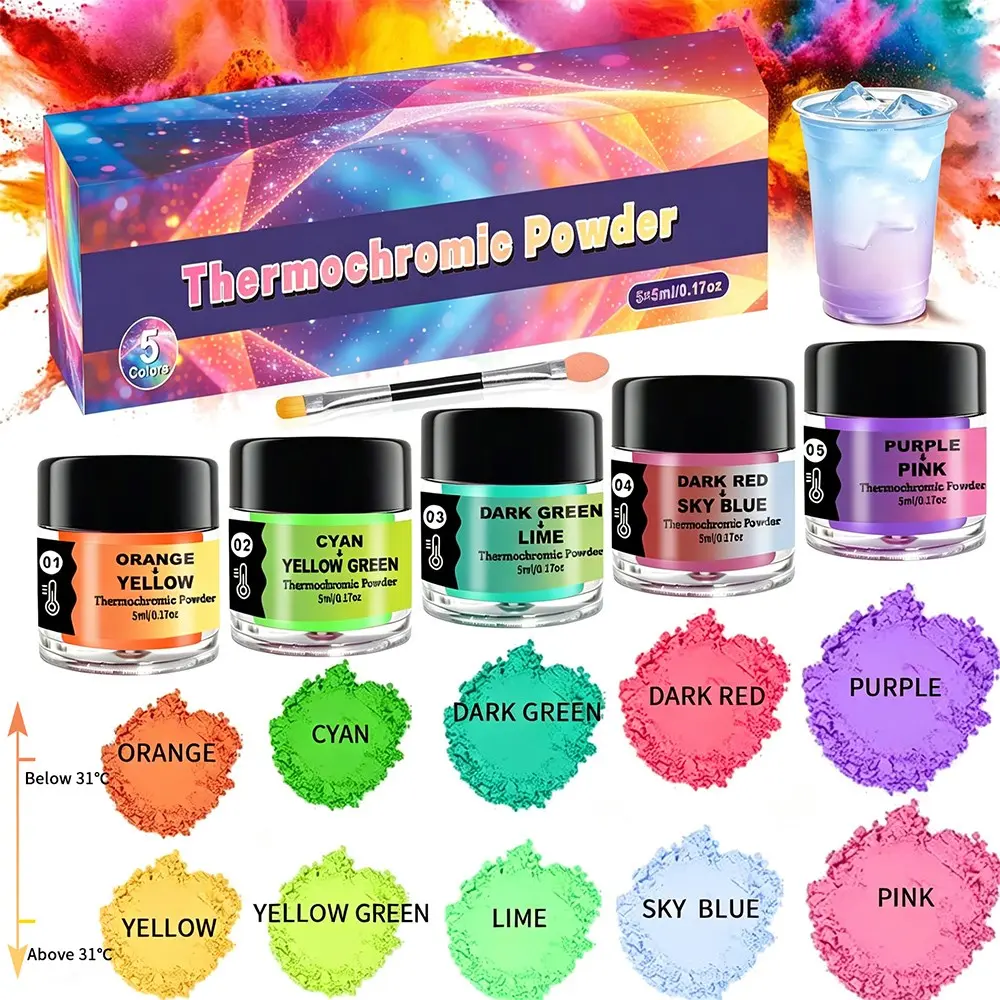 Thermochromic Pigment Powder Set, 5 Colors, Temperature Activated, Heat Sensitive, for Epoxy Resin, Nail Art, Slime, DIY Crafts