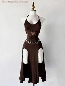 Vintage Gothic Ethnic Halter Tie Dress, Slimming Split Midi Dress, Dark Theme Party Gown, Unique Retro Style, Perfect for Ceremonies
