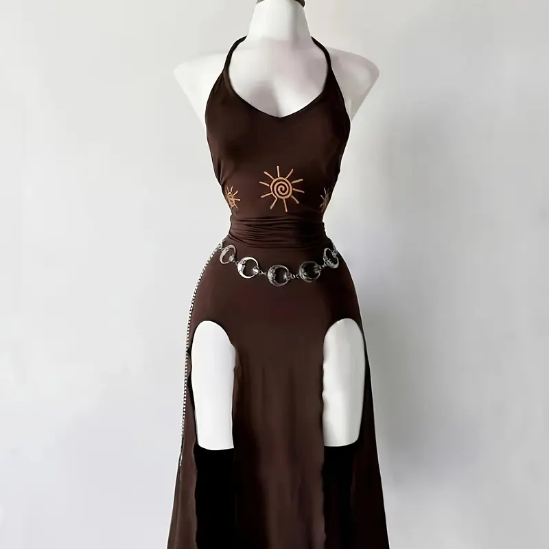 Vintage Gothic Halter Tie Dress, Slimming Split Midi Dress, Dark Theme Party Gown, Unique Retro Style, Perfect for Ceremonies, Elegant Party Dresses
