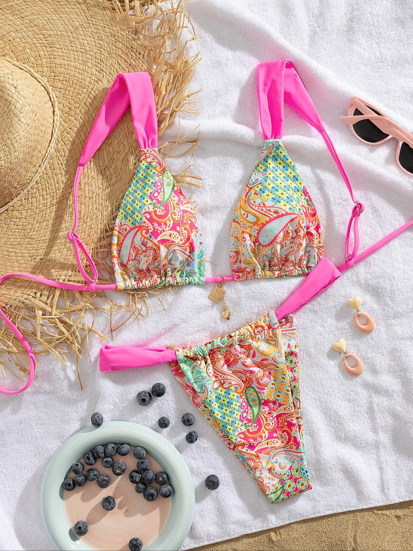 Women's Patchwork Print Bikini Set, Casual Adjustable Strap Tie Back Swim Top & Swim Bottom, Women's Swimsuit for Summer Beach Holiday Vacation, Patchwork Bikini Sets