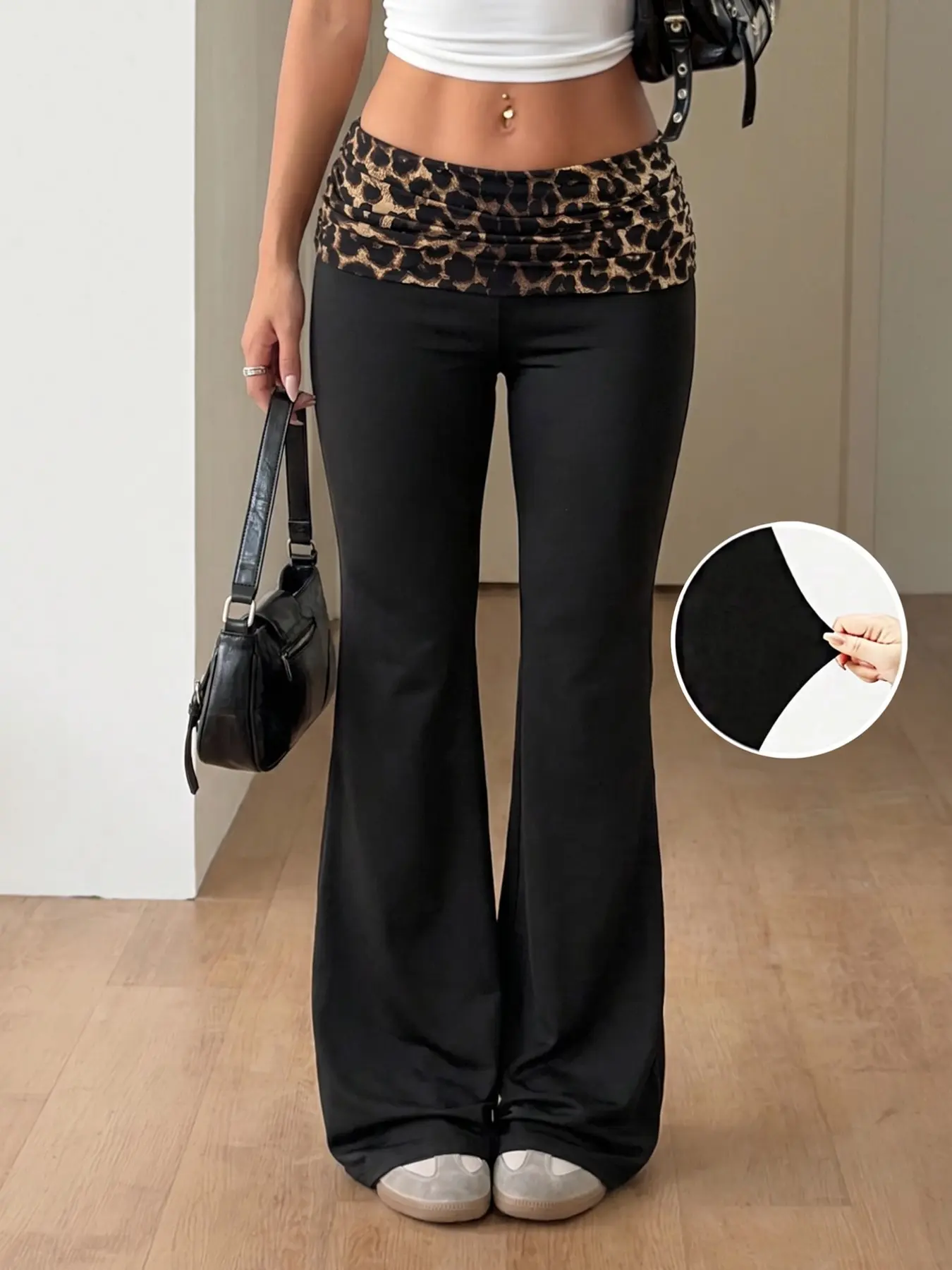 Y2K Leopard Print Fold Over Waist Flare Streetwear Pants, Soft Stretch Slim Bootcut Casual Trousers For Women Daily Going Out Wear