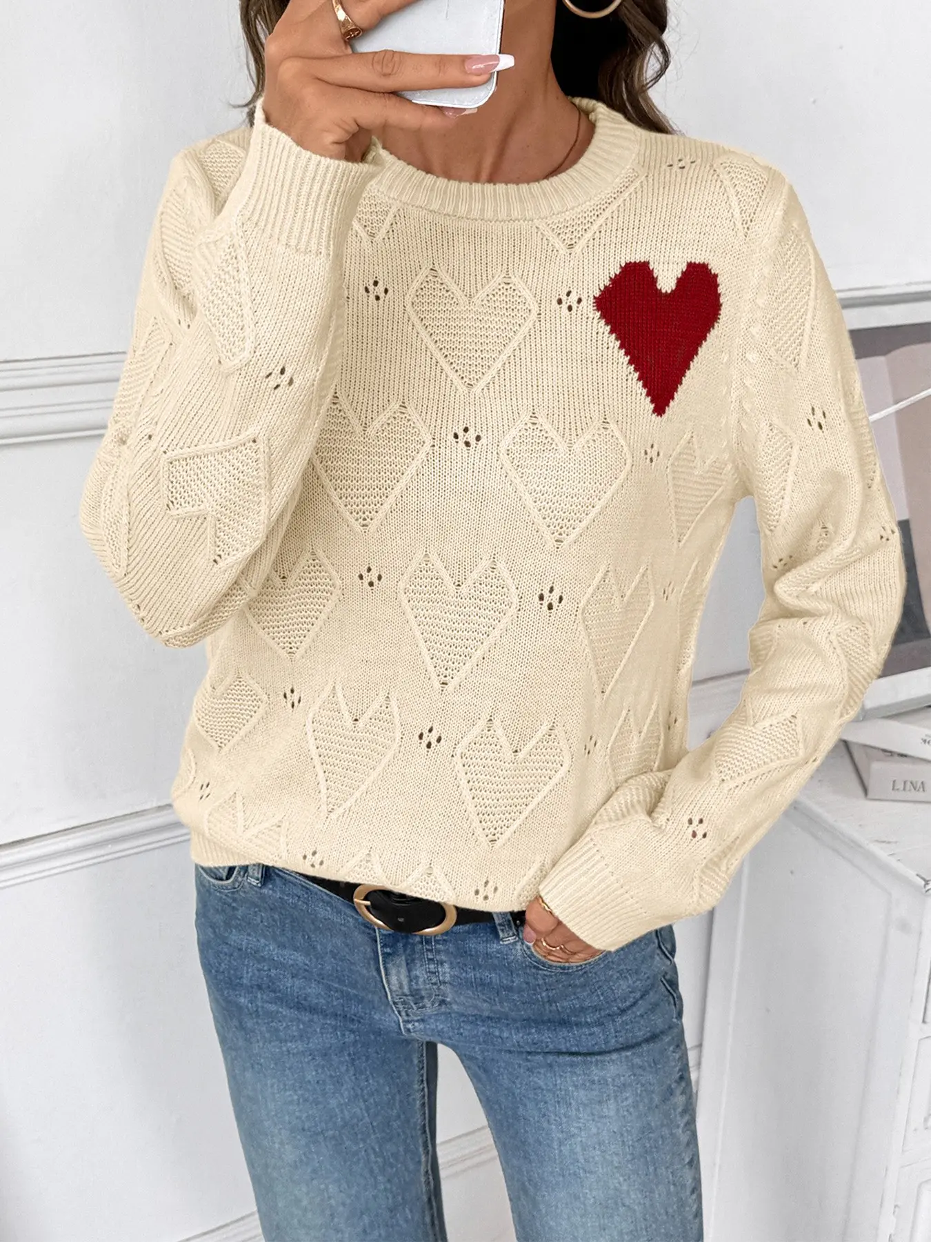Korean Style Soft Heart Embroidered Lace Knit Sweater for Women, Elegant Hollow Out Design, Perfect for Casual Wear