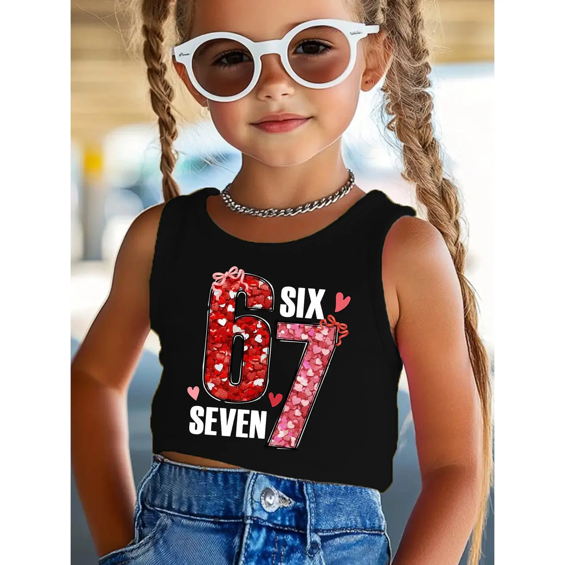 Girls' Summer Fashion Athletic Tank Top, "67" Print Casual Vest