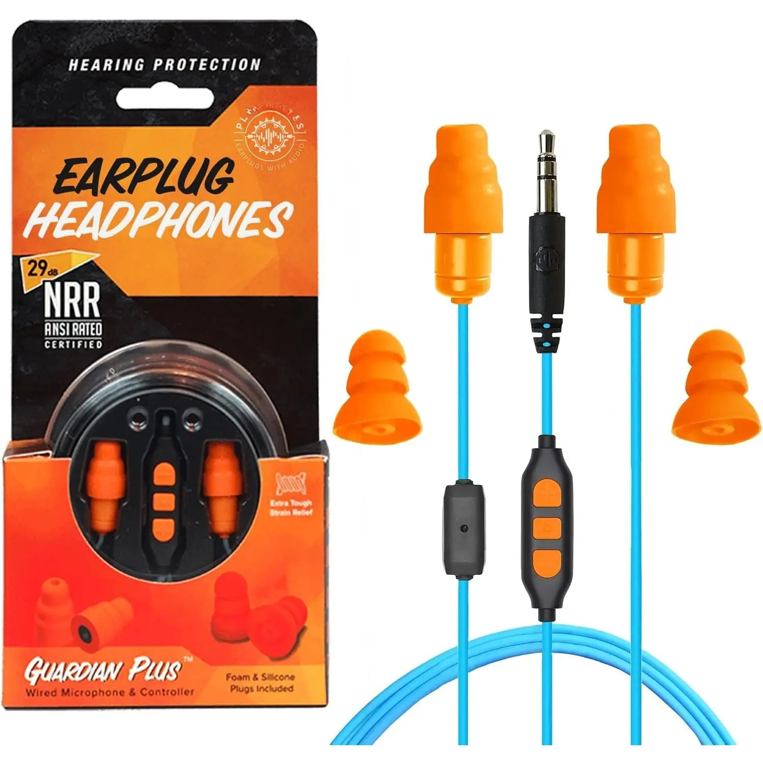 Guardian Plus Model 1 Synthetic Earbud Headphones, In-Ear Earplug Hybrid with Noise-Isolating Mic, Controls, 27-29dB Noise Reduction & Manufacturer Warranty (Orange & Blue), Manufacturer Warrenty
