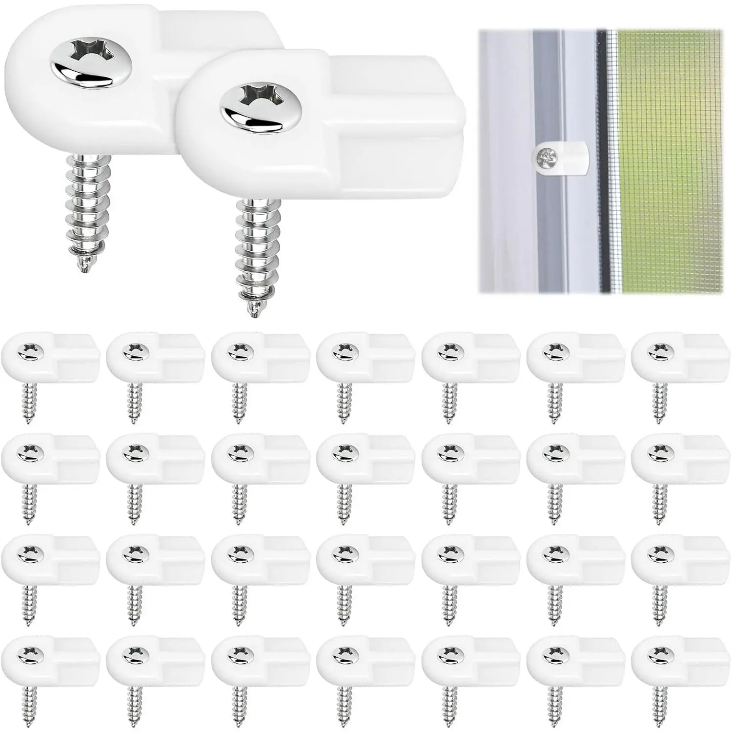 30 Pack Window Screen Clips, L 5766 Flush Window Screen Holder Clips with Screws, Storm Window Clips for Fastens Window Screens Storm Door Panels (White)