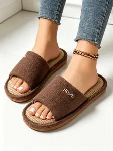 Fashionable Home Print Linen House Slippers, Cushioned Slides, Women's Open-Toe Breathable Indoor Sandals, Non-Slip Rubber Bedroom Comfort Shoes, Soft Sole Slippers