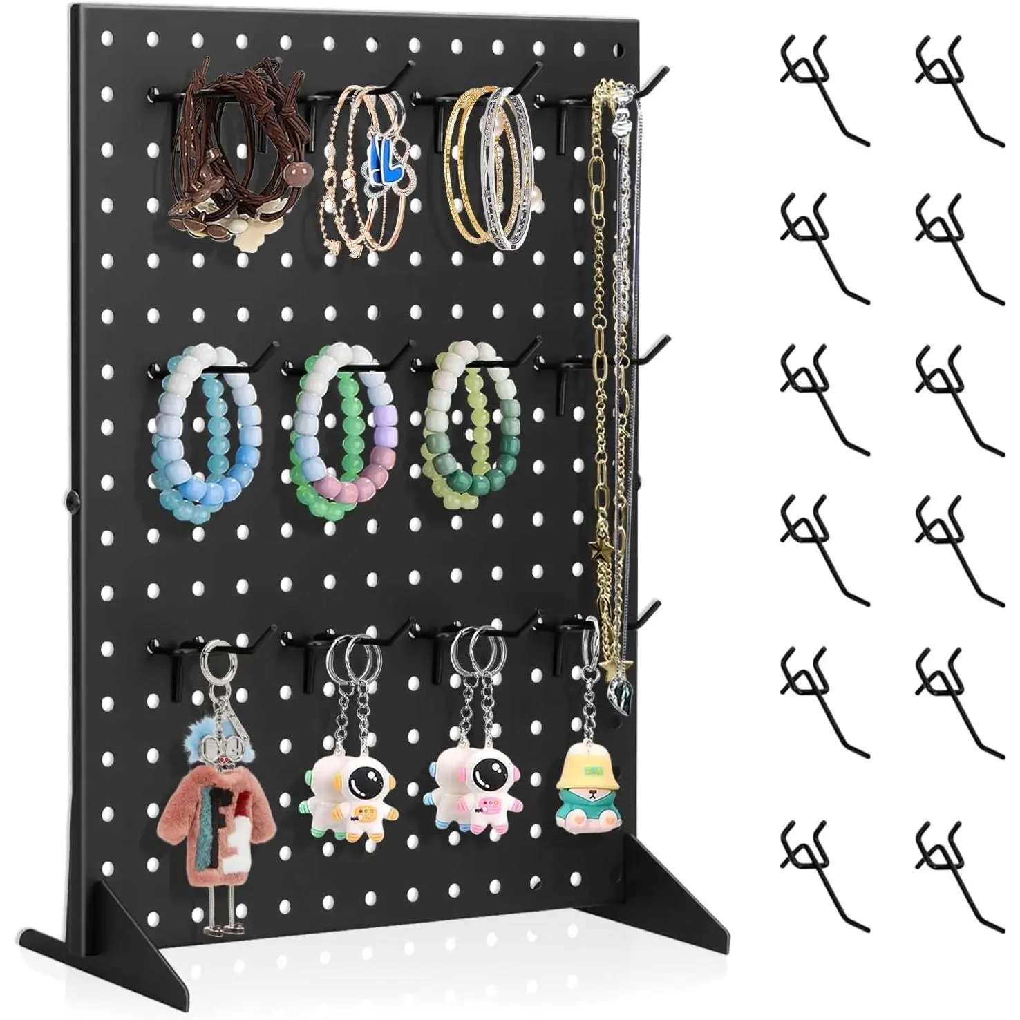Peg Board Display Stand for Vendors with 12 Hooks Metal Tabletop Pegboard Display Stand for Craft Shows 17" X 13" Retail Display Racks Peg Board Organizer Holder Black