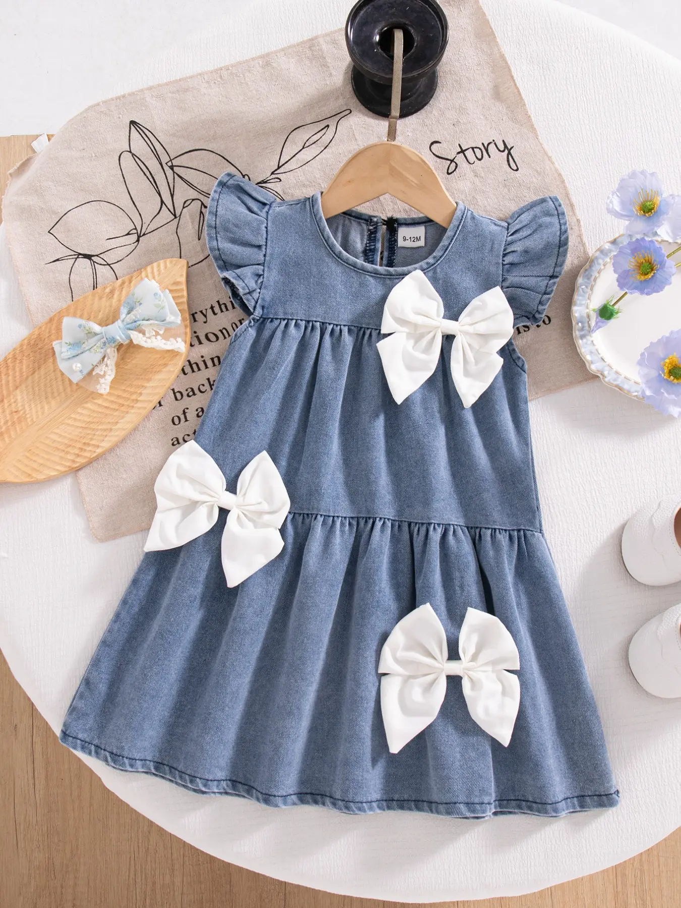 Summer Girls Soft Denim Tank Dress, Bow Flutter Sleeve Sweet Baby Princess Dress, Fashion Clothing for Summer, Toddler Summer Dress