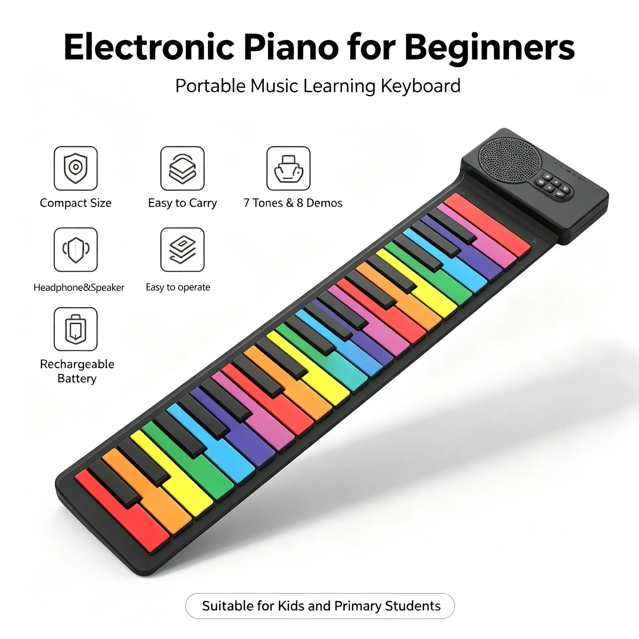 49-Key Portable Roll-Up Keyboard Piano, Colorful Silicone USB Electronic Keyboard with Speaker, Foldable Piano for Beginners Practice
