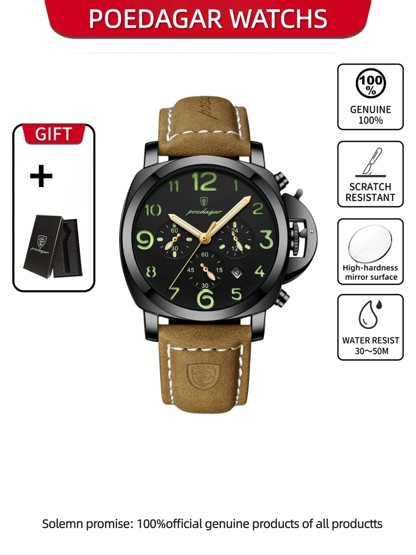 POEDAGAR Luxury Fashion Men's Watch Waterproof Night Light Date Timer Men's Watch Sports and Leisure Leather Men's Quartz Watch Analog Watches as a Birthday Gift for Boyfriend