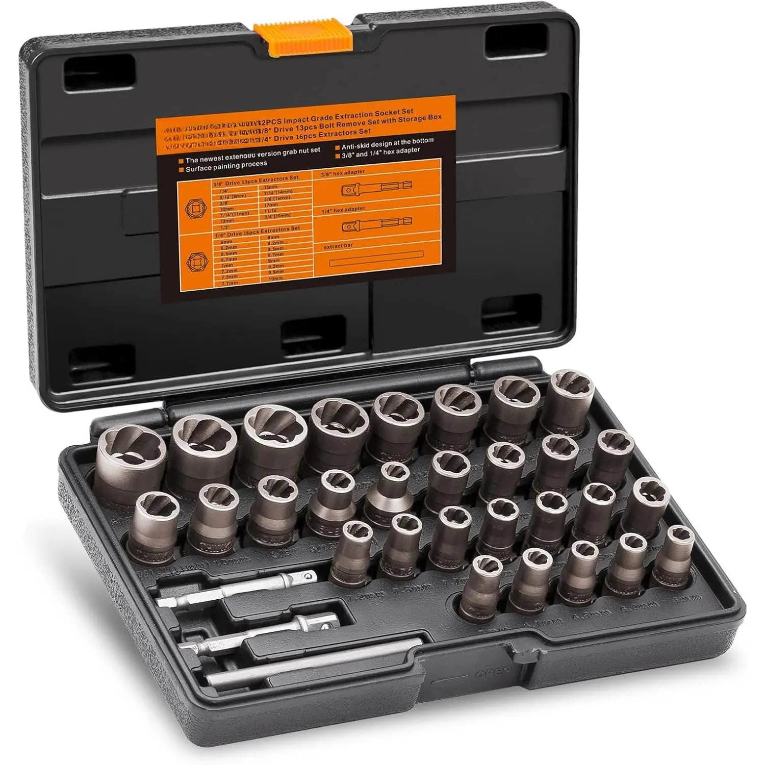 32 count Bolt Extractor Kit, 1/4" & 3/8" Drive  Bolt & Nut Remover Set | for Damaged, Rusted, Rounded-Off, Stripped Fasteners, 6-19mm, Cr-Mo Steel, Compact Design for Tight Spaces, Storage Case
