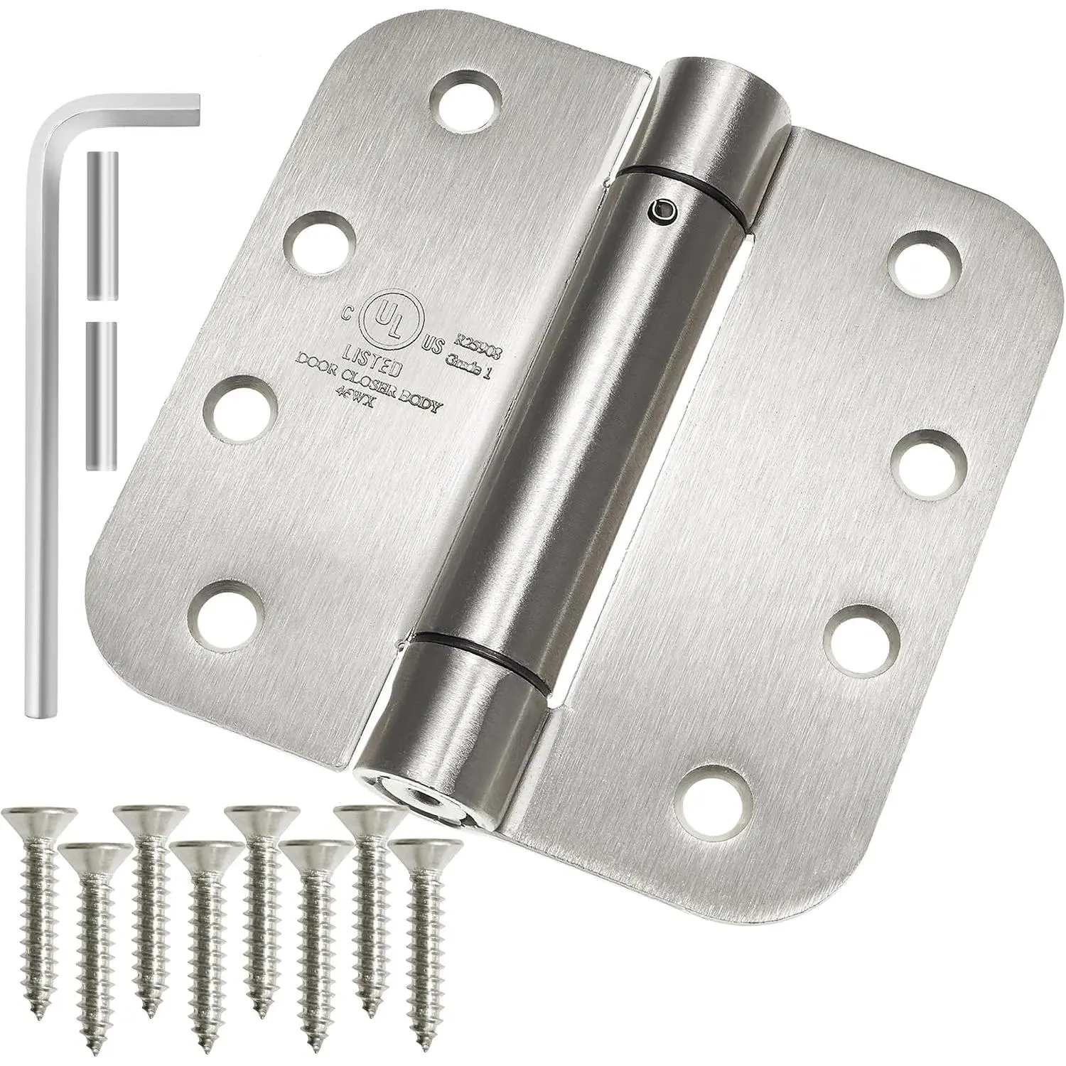 (2 Pack) Heavy-Duty 4" Self-Closing Spring Door Hinge with 5/8" Radius Corners, UL Listed - Satin Nickel