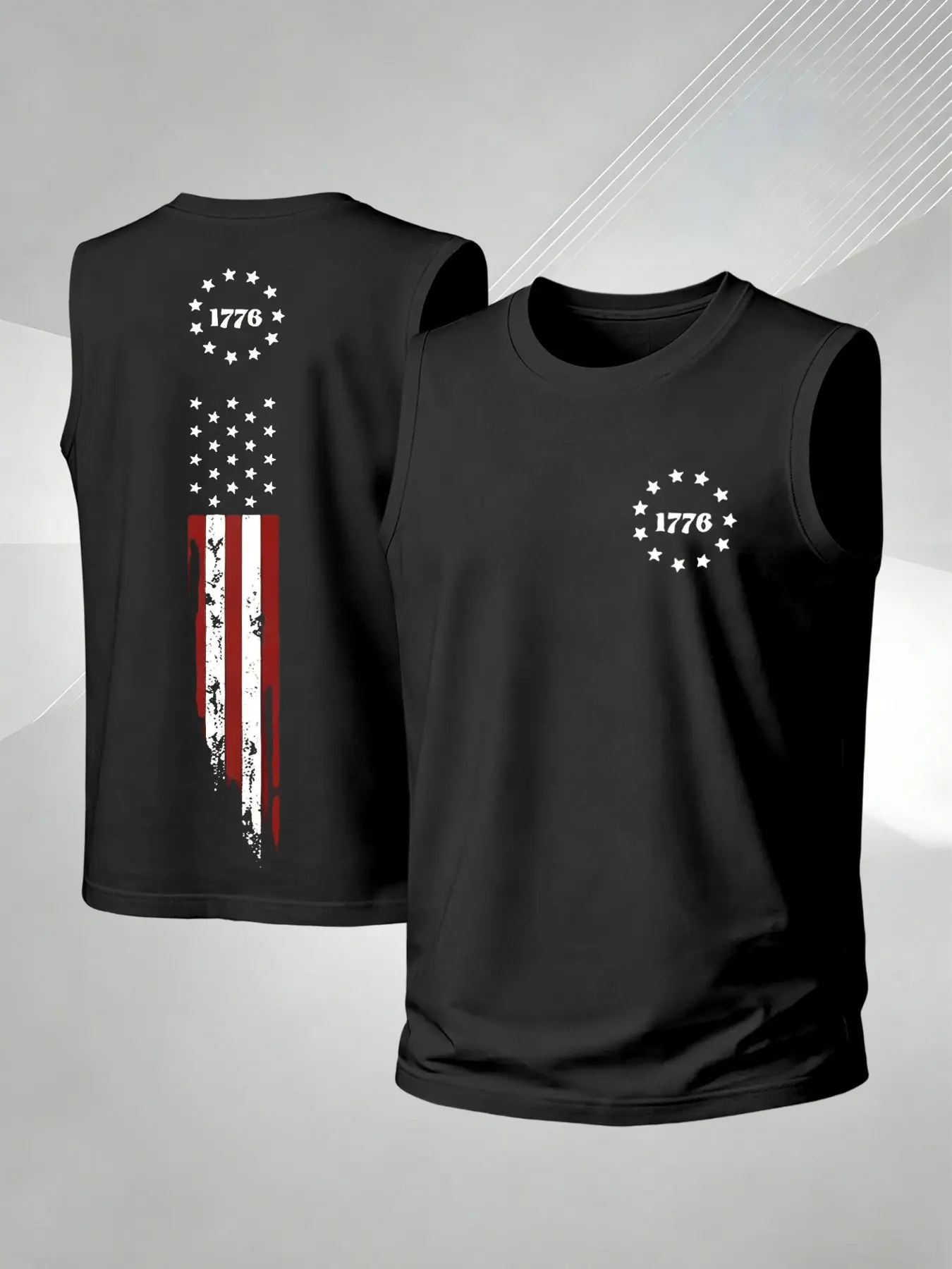 Men's 1776 Vintage American Flag Print Sleeveless Vest, Stretch Fitted Tank Top, Sporty Outdoor Wear, Loose-Fitting Compression Gear