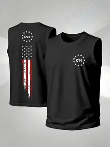 Men's 1776 Vintage American Flag Print Sleeveless Vest, Stretch Fitted Tank Top, Sporty Outdoor Wear, Loose-Fitting Compression Gear, Workout Vests